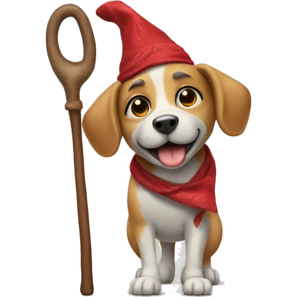 Dog walking on two back legs, holding a hobo stick with a red bandana on head  emoji
