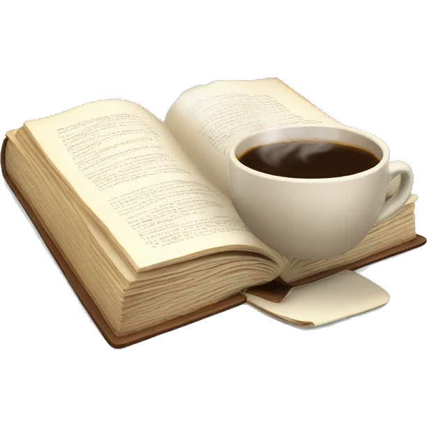 An open book on desk with cup of steaming coffee  emoji