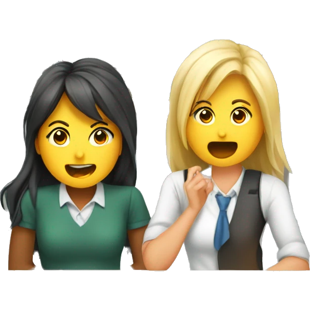 2 students sitting at desks and chatting. Teacher is yelling emoji