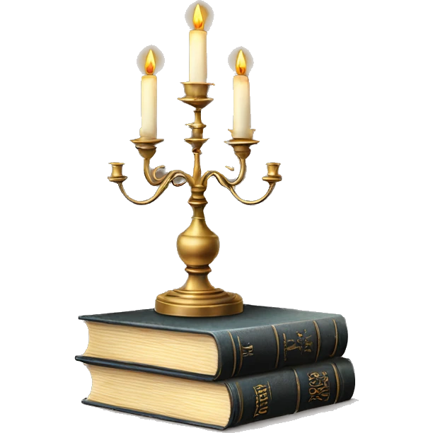 Vintage candelabra with stack of old books behind emoji