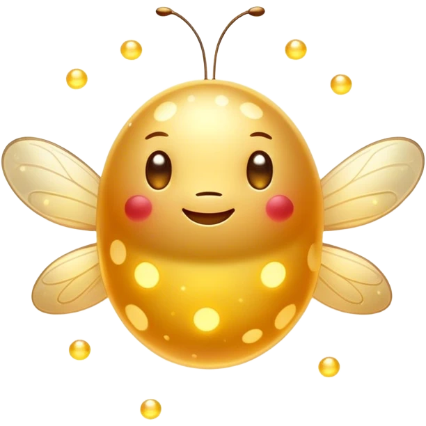 Cinematic tiny glowing firefly, round and chubby, soft golden light, tiny happy face, gentle floating motion, surrounded by dreamy sparkling dots. emoji