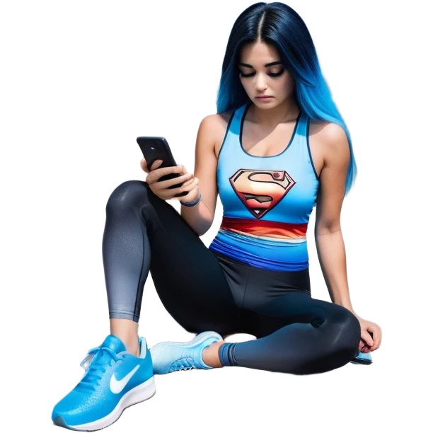 Shameful disappointed crying-very very very very big chest-texting on a samsung cell phone-very long straight flowing black to sky blue hair ombre-blue eyes-black eyeliner-long eyelashes-plastic sparkling sky blue very low cut tank top with sparkling superman logo-black leggings-nike sneakers emoji