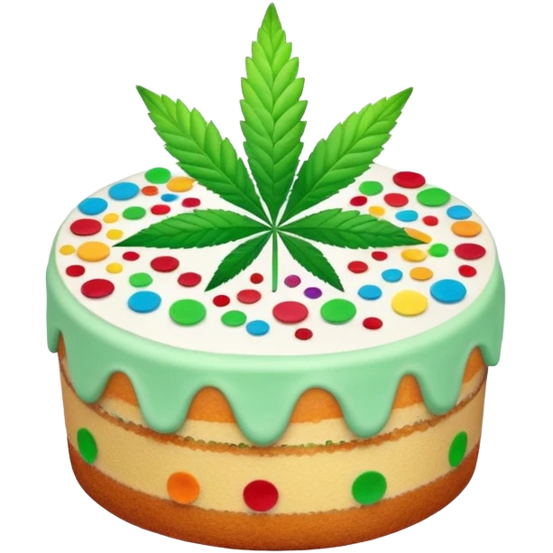 Colorful confetti cake with mint leaves and a cannabis leaf decoration on top emoji