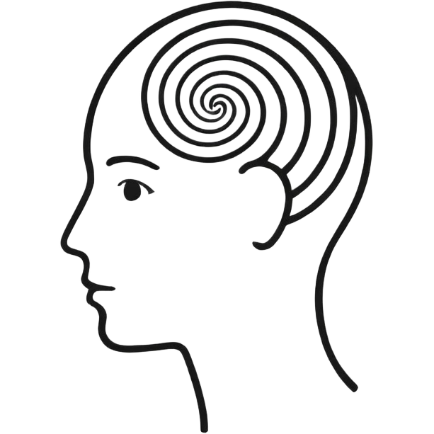 Minimalistic flat vector icon, iOS style, thin black contour on white background. Human head silhouette with spiral inside. Clean, no text, no shadows.
 emoji