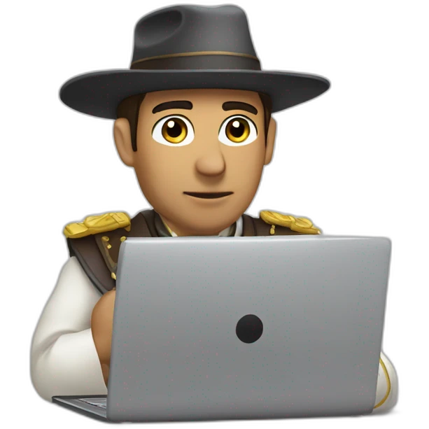 gaucho without a hat, mounted on a horse writing code on a laptop emoji ...