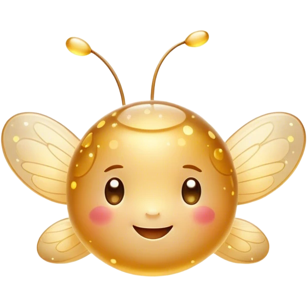 Cinematic tiny glowing firefly, round and chubby, soft golden light, tiny happy face, gentle floating motion, surrounded by dreamy sparkling dots. emoji