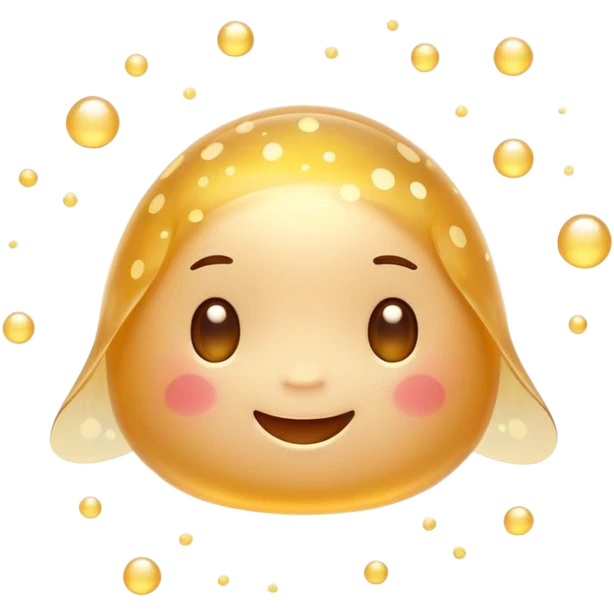 Cinematic tiny glowing firefly, round and chubby, soft golden light, tiny happy face, gentle floating motion, surrounded by dreamy sparkling dots. emoji