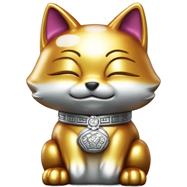 fully chrome fox statue in the form of maneki neko emoji