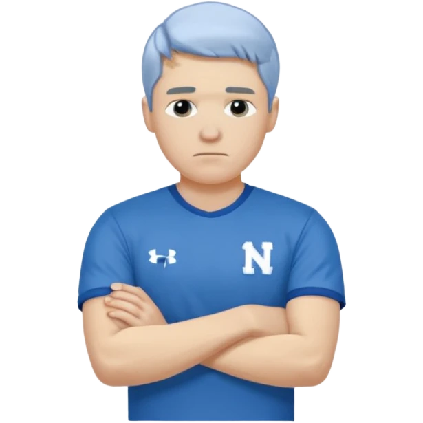 Pale blond man in blue football t shirt crossed arms (he is cold trembling ) emoji