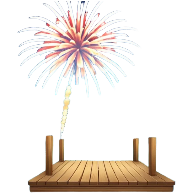 Fireworks over a lake with a dock emoji