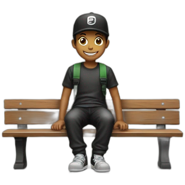 smiling boy,in black , sentado en un banco, con gorra  emoji