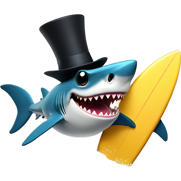 Shark with a top hat while surfing with a drink emoji