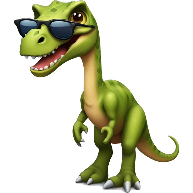 dinosaur standing with sunglasses on while having question mark next to him emoji