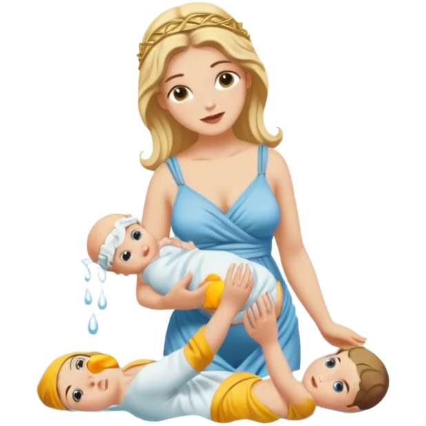 greek goddess dipping baby in river holding baby upside down by ankle emoji