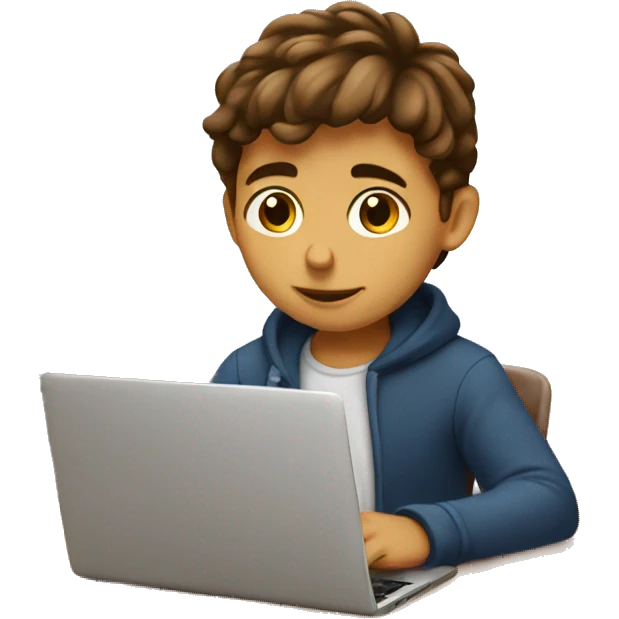 Boy with brown hair on laptop doing homework emoji