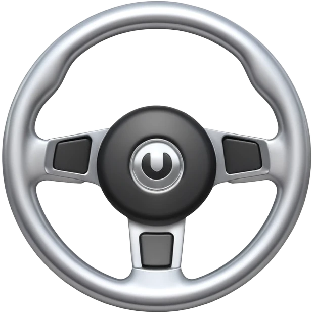 A futuristic steering wheel emoji made of silver chrome, minimal geometric design, smooth metallic surface, soft reflections, iOS emoji style, centered, clean white background emoji