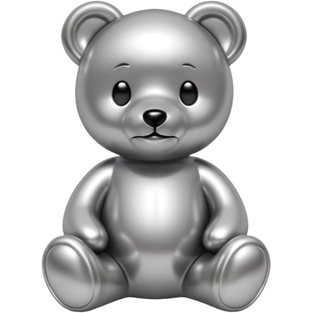 A cute teddy bear emoji made of liquid silver chrome, smooth rounded body, glossy metallic surface, soft reflections, friendly proportions, iOS emoji style, centered, clean white background emoji