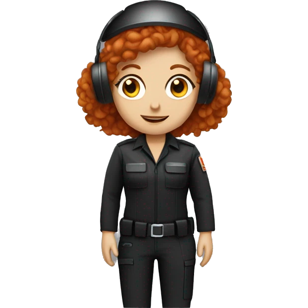 operator dressed in black with a milatary helmet, without glasses, wearing a headset, ready to respond to alerts, preferably curly redhead female  emoji