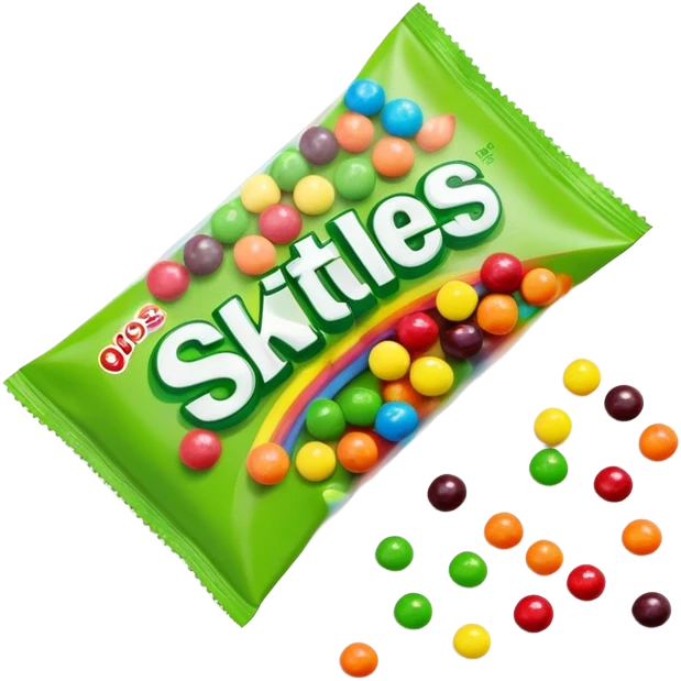 Minimalist top-down view of an open Skittles package with green candies spilling out. Simple rainbow colors on package, clean design. emoji