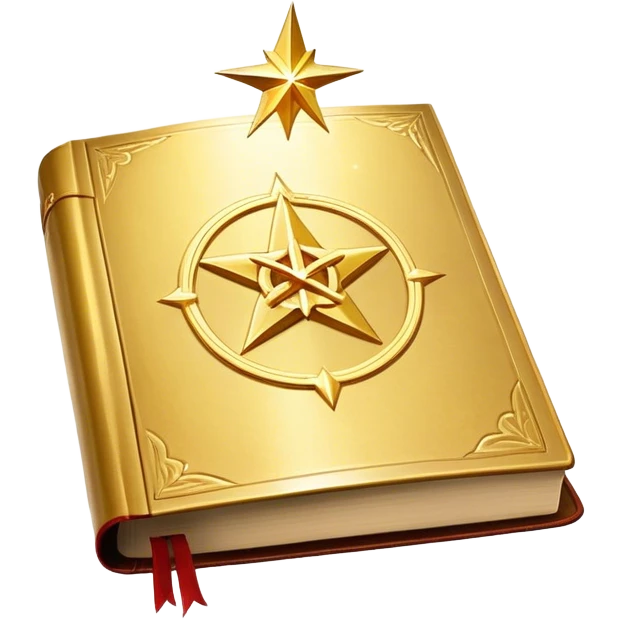 A shimmering gold book with a radiant glow, floating slightly as if under a spotlight. Its cover features a bold, star-like sigil ✨, symbolizing influence and magnetism. Light halo effects or sparkles surround it, giving off an aura of effortless charm and star power. emoji