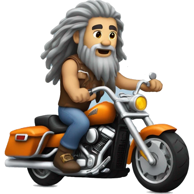Caveman with long gray hair and a goatee riding a Harley Davidson ...
