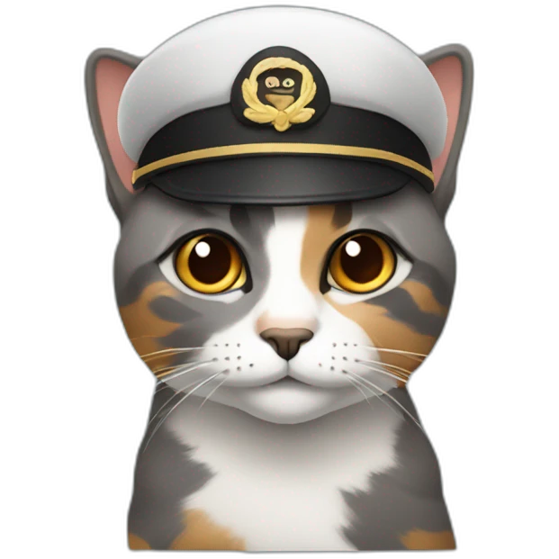 grey and brown calico cat wearing a pilot hat emoji