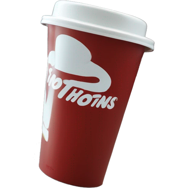 “Red Tim Hortons coffee cup with large white ‘Tim Hortons’ logo in script, black plastic lid, and a simple, clean design.” emoji