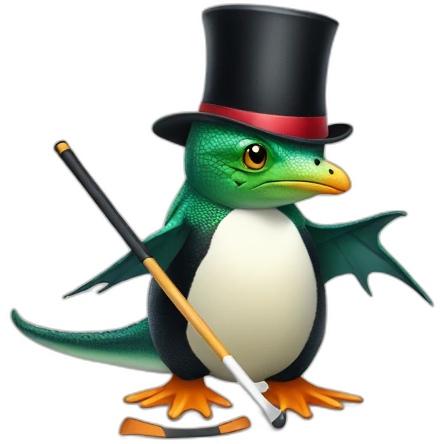 lizard with a cane and a black top hat playing hockey with a penguin emoji