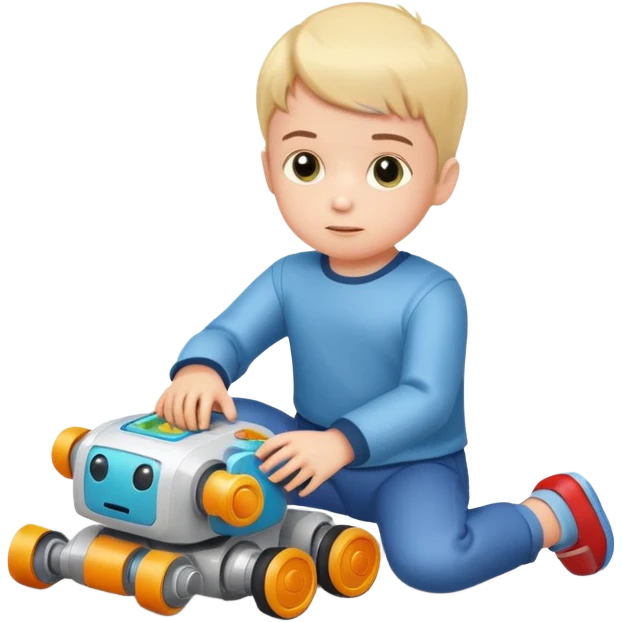 Little boy playing with toy robot on the floor emoji