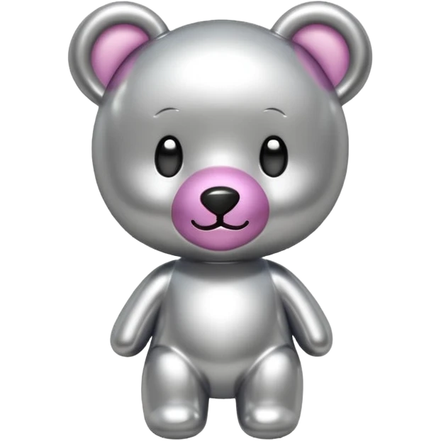 A cute teddy bear emoji made of liquid silver chrome, smooth rounded body, glossy metallic surface, soft reflections, friendly proportions, iOS emoji style, centered, clean white background emoji