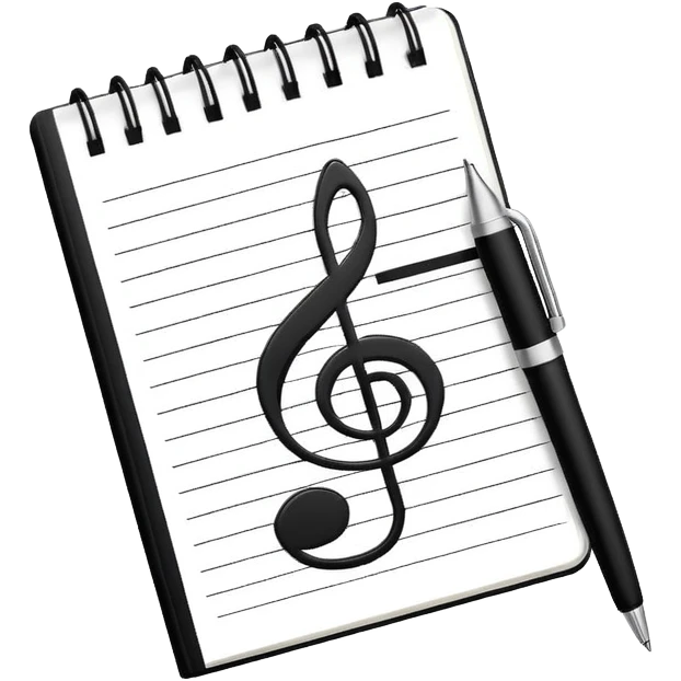Minimalistic flat vector icon, iOS style, thin black contour on white background. Small notebook with a musical note on the cover, a pen placed next to it. Clean, modern, no text, no shadows. emoji