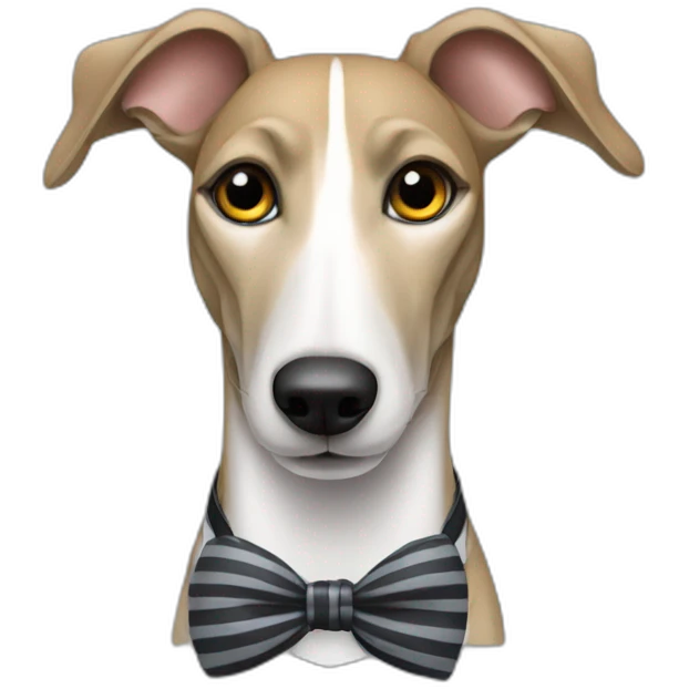 Striped greyhound with white mark and a bow tie emoji