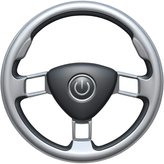 A futuristic steering wheel emoji made of silver chrome, minimal geometric design, smooth metallic surface, soft reflections, iOS emoji style, centered, clean white background emoji
