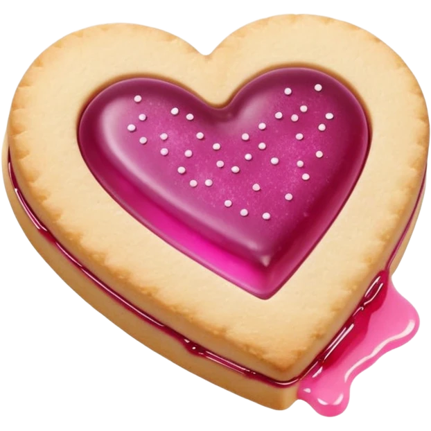 Realistic shortbread cookie in the shape of a heart with light margenta jelly middle filling and sprinkled powder sugar on top. emoji