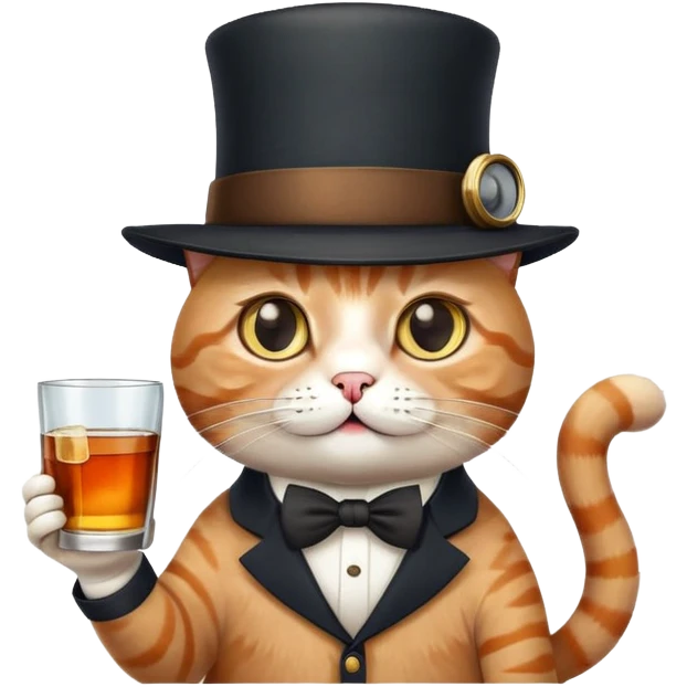 Кот в шляпе и с моноклем удивлённо смотрит держа в лапке бокал виски emoji