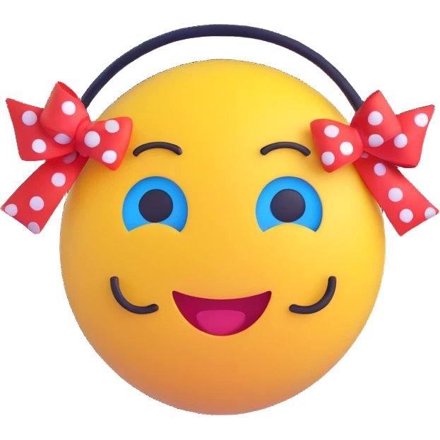 3D smiley emoji, large eyelashes, red polka dot bow, angry, furrowed eyebrows, blue eyes, musical notes emoji