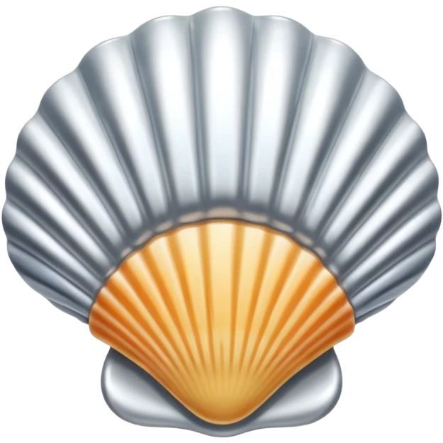 A seashell emoji made of polished silver chrome, smooth curved surface, reflective metallic highlights, elegant minimal design, iOS emoji style, centered, clean white background, soft lighting emoji