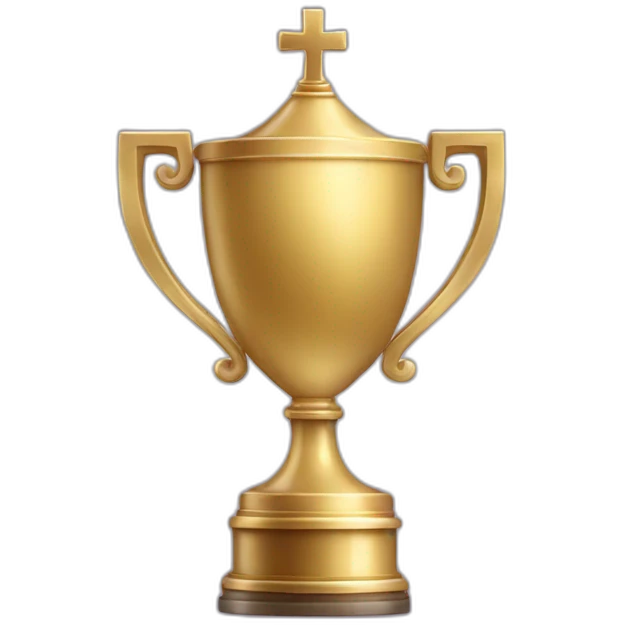 royal big empty Christian trophy for the winner with a cross on royal background  with number 1 emoji