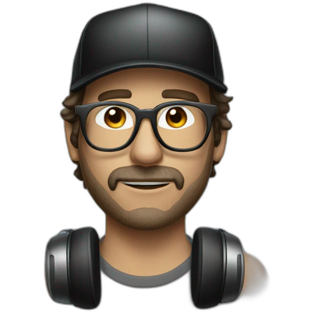 scruffy man in a backwards baseball black hat and rectangle glasses wearing headphones with microphone emoji