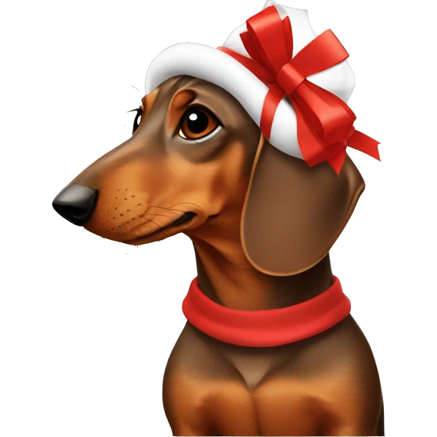 Brown Dachshund wrapped in holiday paper with red bow on head emoji
