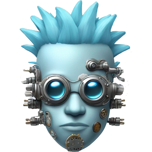 Pastel blue Mohawk cyborg head with silver steampunk goggles, goatee and circuits emoji