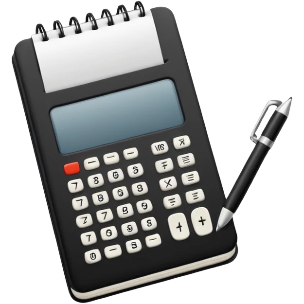 Minimalistic flat vector icon, iOS style, thin black contour on white background. Small black notebook with visible binding, placed next to a calculator. Clean, modern, no text, no shadows. emoji