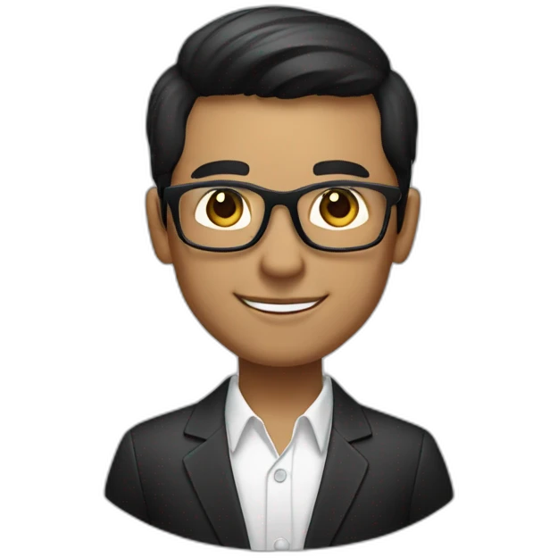 The person in the image has short, dark hair and a clean-shaven face. He has a friendly smile and is wearing a black suit and white shirt with square glasses. emoji