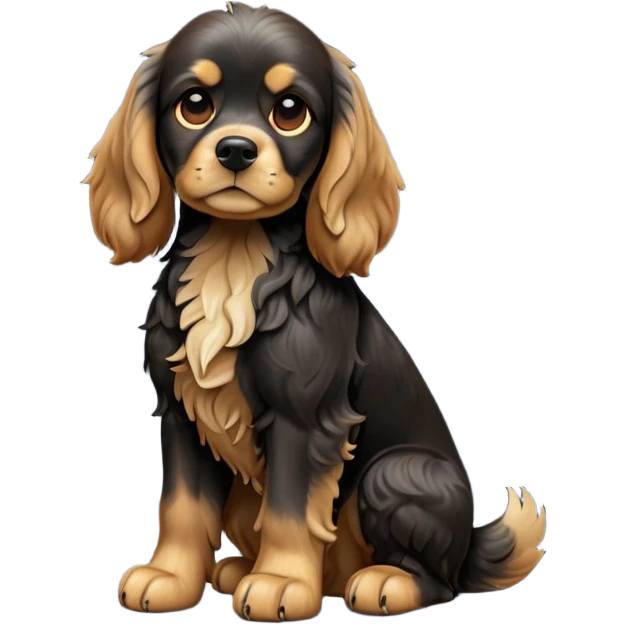 cinematic-[cocker spaniel dog]-realistic-full-body-sitting-emoji,-tail-resting-loosely-beside-its-paws,-head-tilted-dramatically,-scruffy-[black]-fur,-simplified-yet-realistic-focused-features,-highly-detailed,-glowing-with-an-almost-sarcastic-glow emoji