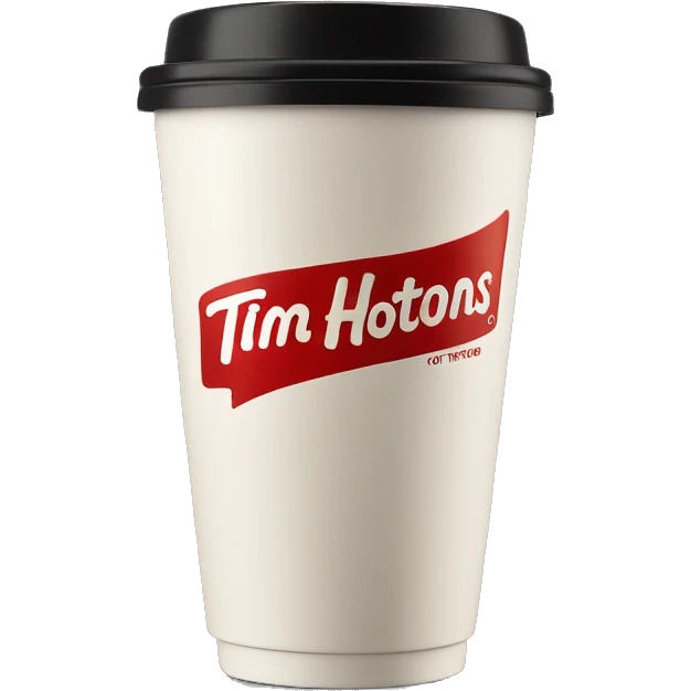 “Red Tim Hortons coffee cup with large white ‘Tim Hortons’ logo in script, black plastic lid, and a simple, clean design.” emoji