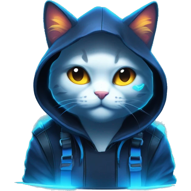 Side view developer cat behind his laptop with this style : Riot Games Valorant neon glowing bright blue character blue black hooded assassin themed character emoji