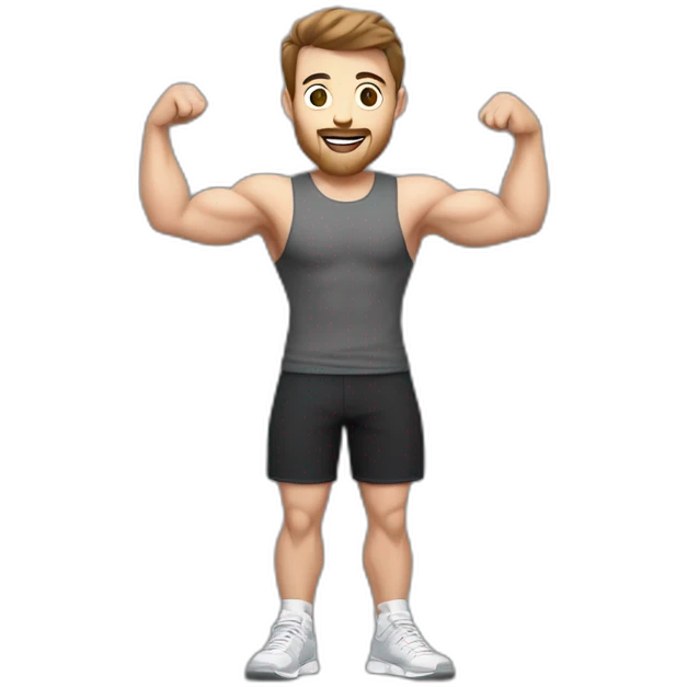 Close up Actively gesturing  with hands Pale skinned Fit Man With the biceps and brown hair in dark gray Sleeveless Mike, black oversize sports shorts, watch and white Sneakers emoji