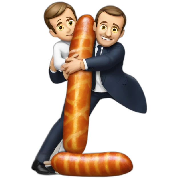 emmmanuel macron hugging a giant saussage emoji