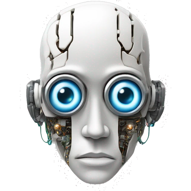 Flat white plating on cyborg head with  one artificial eyeball, circuitry, goateer emoji