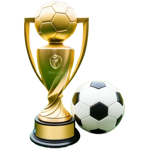 A football resting on the green grass of a soccer field, with goalposts and field markings in the background. In the foreground, the UEFA World Cup trophy gleams, symbolizing the pinnacle of football achievement, adding an element of prestige and competition to the scene. emoji